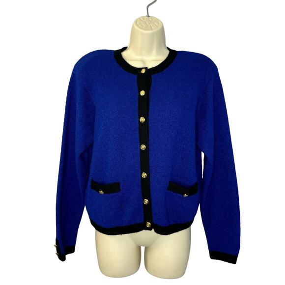 Talbots VGT 80's Wool Blend Royal Blue Black Gold Button Sweater Cardigan PM - Picture 1 of 10